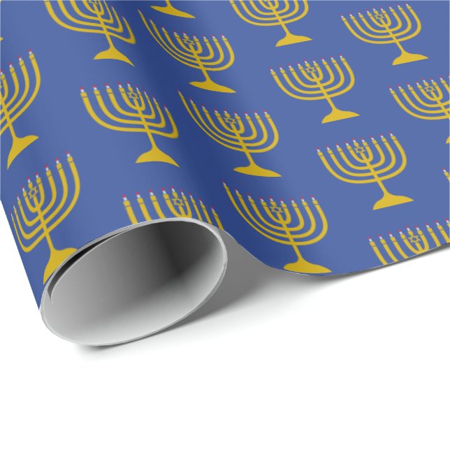 Papel De Regalo Elegante Mid Blue | Hanukkah | MENORAH (Esquina del rollo)