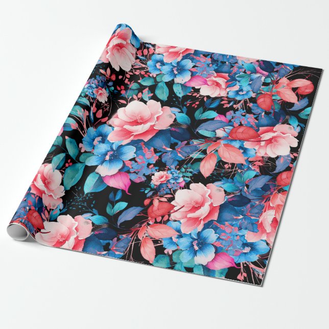 Papel De Regalo Elegante Moda acuarela Floral cumpleaños negro (Desenrollado)