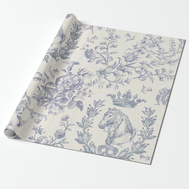 Papel De Regalo Elegante Moda Azul Beige Menús Floral Toile (Desenrollado)