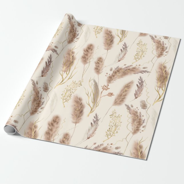 Papel De Regalo Elegante Moda Beige Golden Pampas Patrón de Grass (Desenrollado)