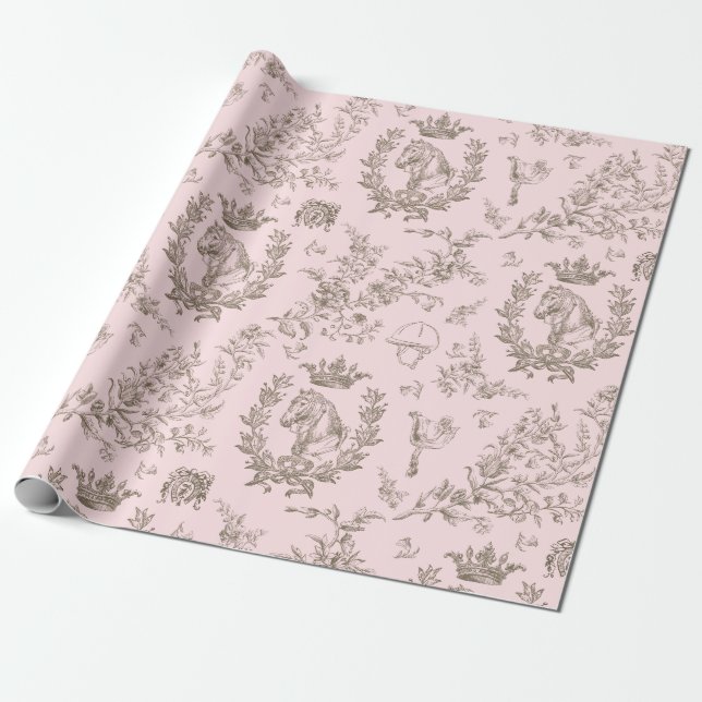 Papel De Regalo Elegante Moda de estilo rosa toile ecuestre beige (Desenrollado)