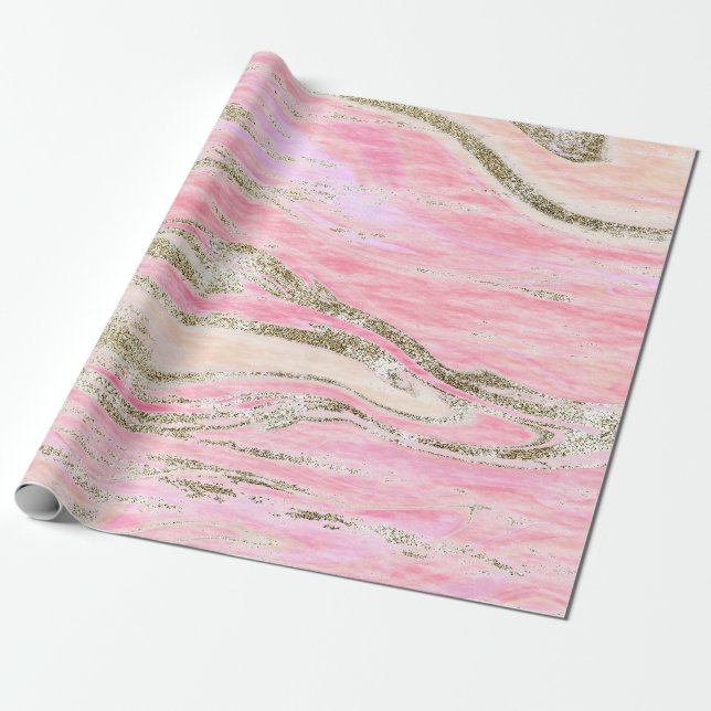Papel De Regalo Elegante Moda de patrón de mármol Purpurina rosado (Desenrollado)