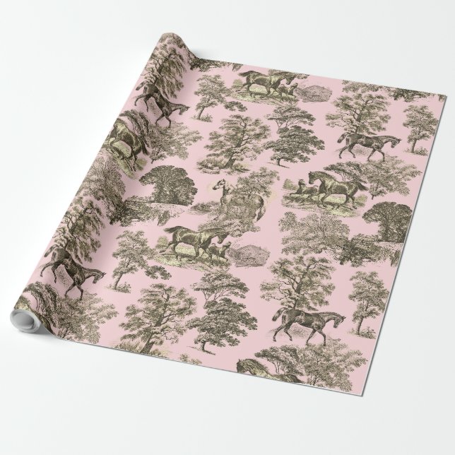 Papel De Regalo Elegante Moda Girly Beige Pink Horse Toile (Desenrollado)