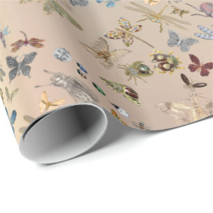 Papel De Regalo Elegante Moda Meadow Mariposa Insectos Rosa Oro