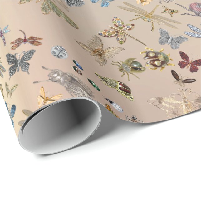 Papel De Regalo Elegante Moda Meadow Mariposa Insectos Rosa Oro (Esquina del rollo)