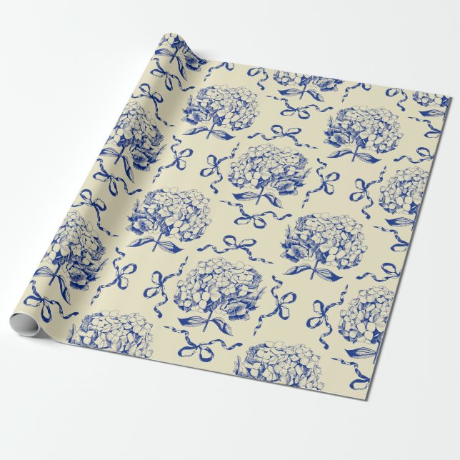Papel De Regalo Elegante Modelo Preppy Blue Toile Hydrangea Bow (Desenrollado)