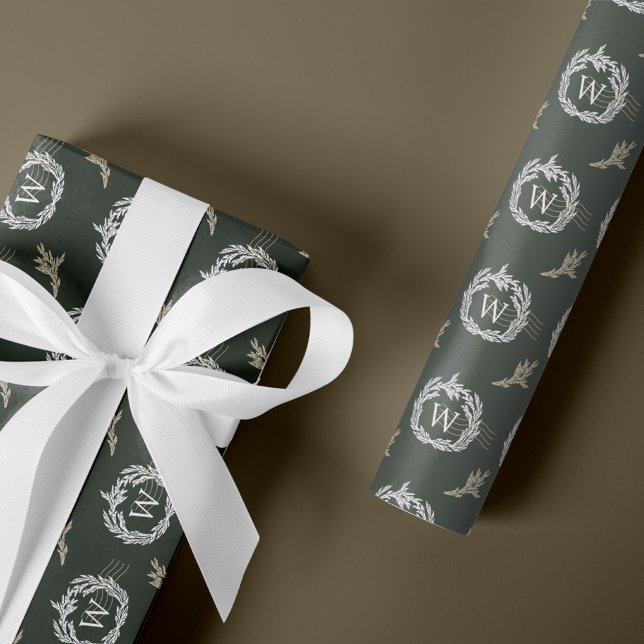 Papel De Regalo Elegante monograma de Escudo de guirnalda de garla (Elegant Garland Wreath Crest Postage Monogram Wrapping Paper)