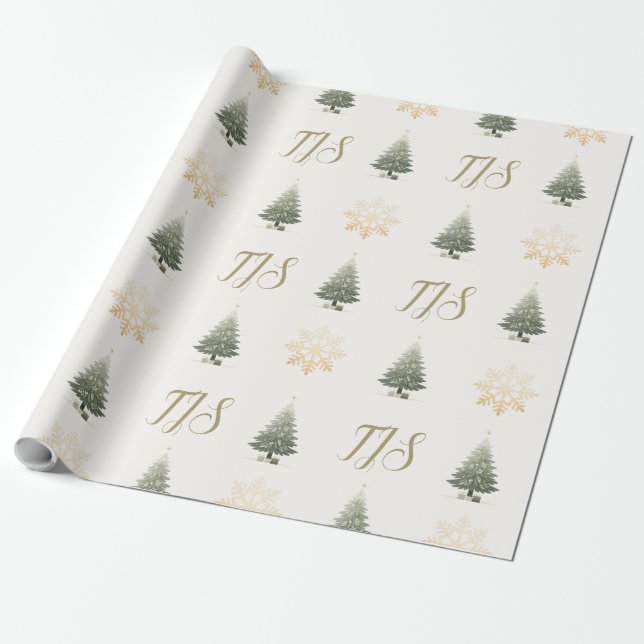 Papel De Regalo Elegante Monograma Floral Snowflake Árbol de Navid (Desenrollado)