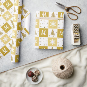 Papel De Regalo Elegante Monograma Oro y Navidades Blancos Envuelt