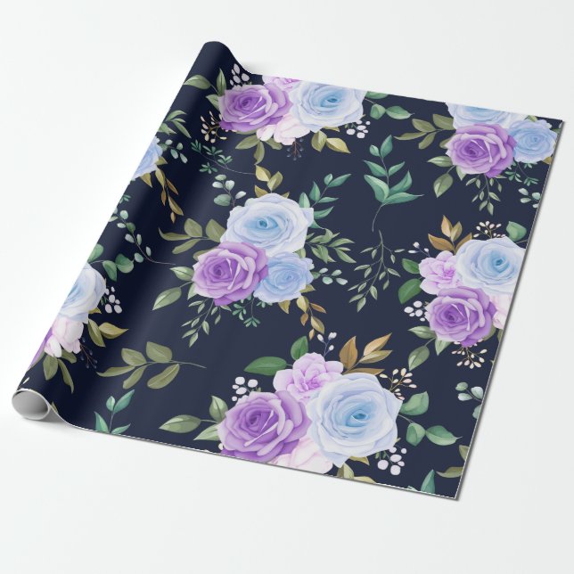 Papel De Regalo Elegante morado, azul floral (Desenrollado)