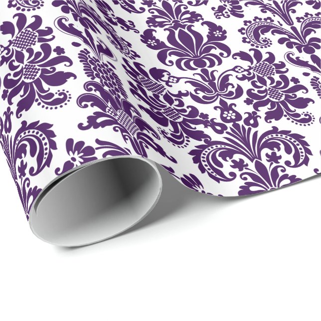 Papel De Regalo Elegante Morado de Damasco Floral Fondo Blanco (Esquina del rollo)