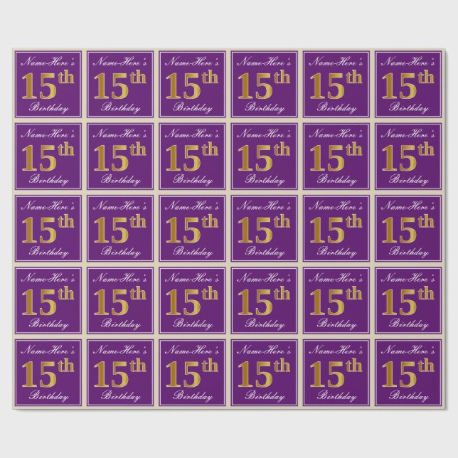 Papel De Regalo Elegante, Morado, Dorado Falso Cumpleaños 15 + Nom (Superficie plana)