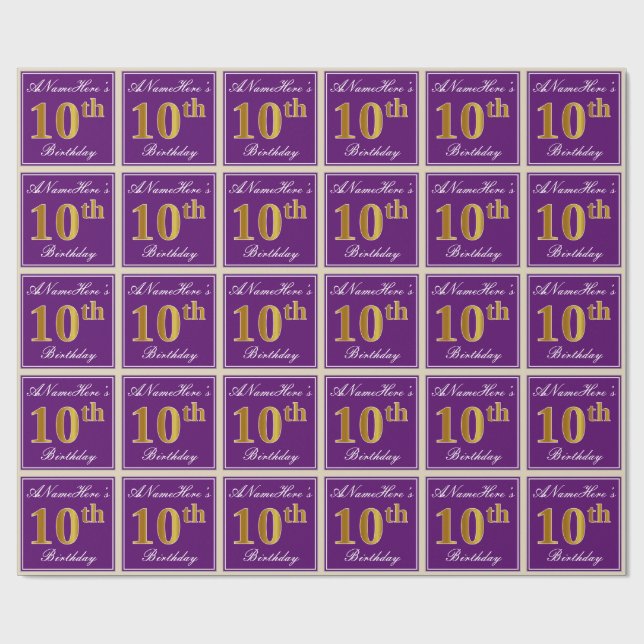 Papel De Regalo Elegante, morado, falso oro 10 cumpleaños + nombre (Superficie plana)