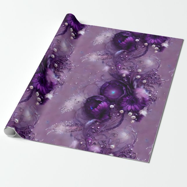Papel De Regalo Elegante Morado Floral, Silvestre y Perla (Desenrollado)