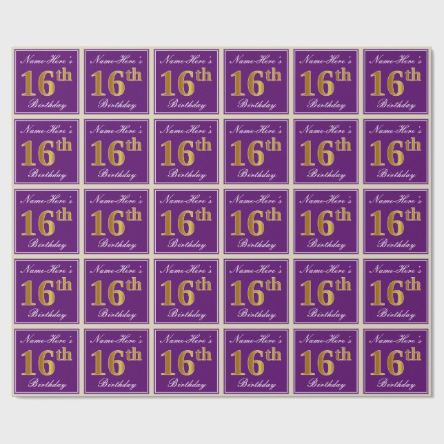 Papel De Regalo Elegante, morado, oro falso 16 cumpleaños + nombre (Superficie plana)