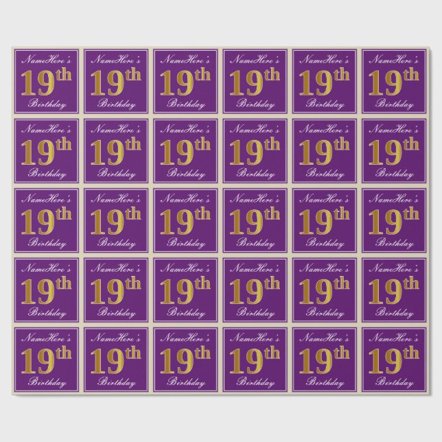 Papel De Regalo Elegante, morado, oro falso 19 cumpleaños + nombre (Superficie plana)