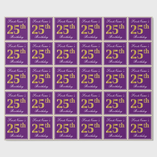 Papel De Regalo Elegante, morado, oro falso 25 cumpleaños + nombre (Superficie plana)