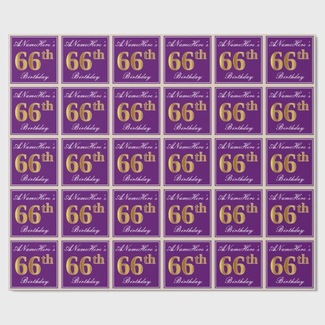 Papel De Regalo Elegante, morado, oro falso 66 cumpleaños + nombre (Superficie plana)