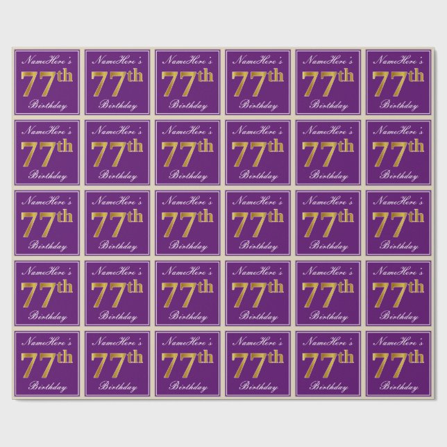 Papel De Regalo Elegante, morado, oro falso 77 cumpleaños + nombre (Superficie plana)