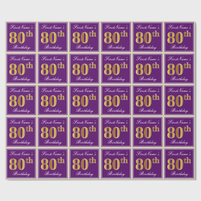 Papel De Regalo Elegante, morado, oro falso 80 cumpleaños + nombre (Superficie plana)