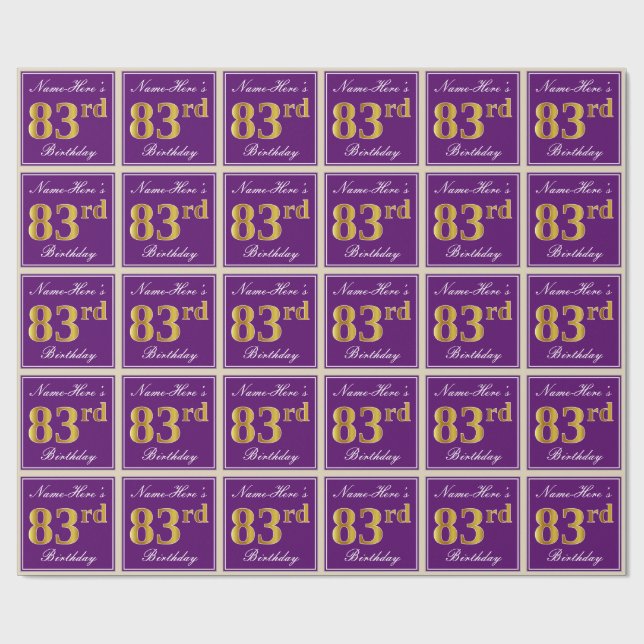 Papel De Regalo Elegante, morado, oro falso 83 cumpleaños + nombre (Superficie plana)