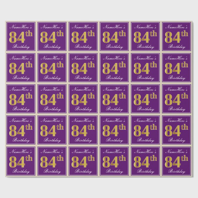 Papel De Regalo Elegante, morado, oro falso 84º cumpleaños + nombr (Superficie plana)