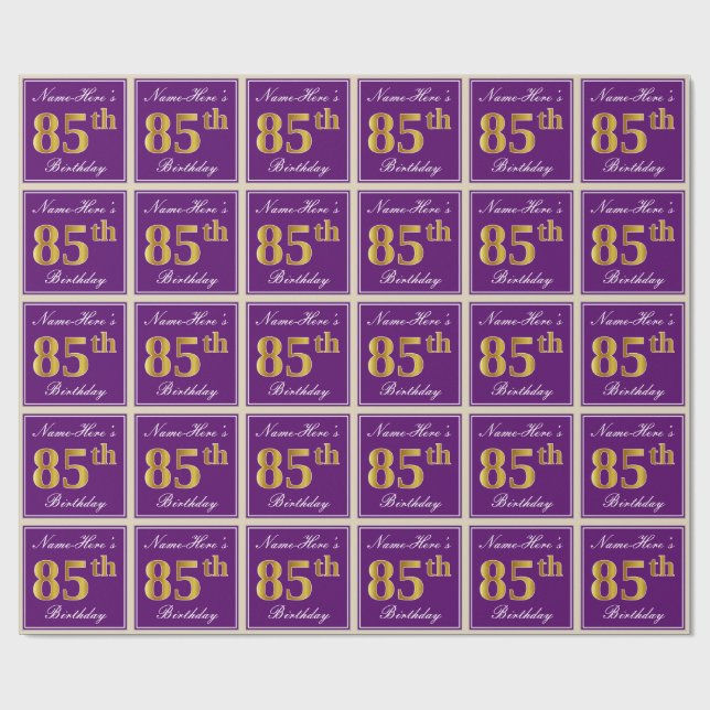 Papel De Regalo Elegante, morado, oro falso 85 cumpleaños + nombre (Superficie plana)