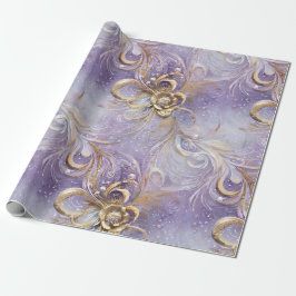 Papel De Regalo Elegante morado y dorado batido de plumas