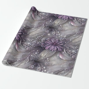 Papel De Regalo Elegante morado y gris floral, cuentas y luz