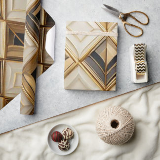 Papel De Regalo Elegante Mosaico Geométrico Art Déco en Oro y Crem