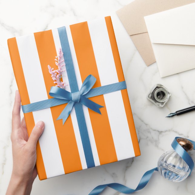 Papel De Regalo Elegante Naranja brillante y patrón rayado blanco (Regalar)
