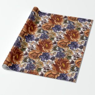 Papel De Regalo Elegante Naranja Quemada Azul Marino Otoño Floral 