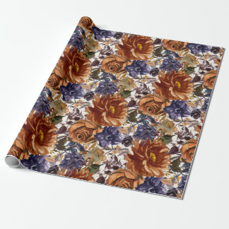 Papel De Regalo Elegante Naranja Quemada Azul Marino Otoño Floral