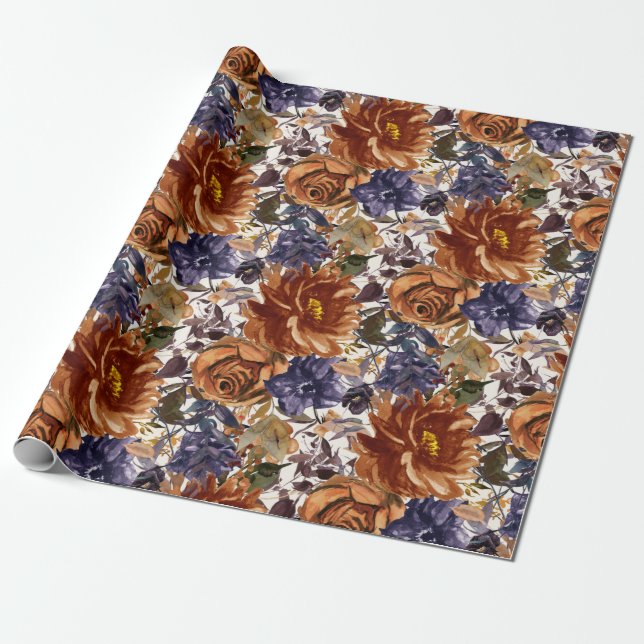 Papel De Regalo Elegante Naranja quemado Marina Azul otoño floral (Desenrollado)