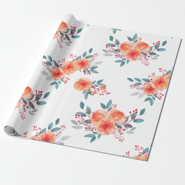 Papel De Regalo Elegante Naranja Rubor Floral acuarela (Desenrollado)