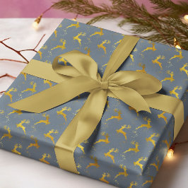 Papel De Regalo Elegante Navidad azul de reno dorado