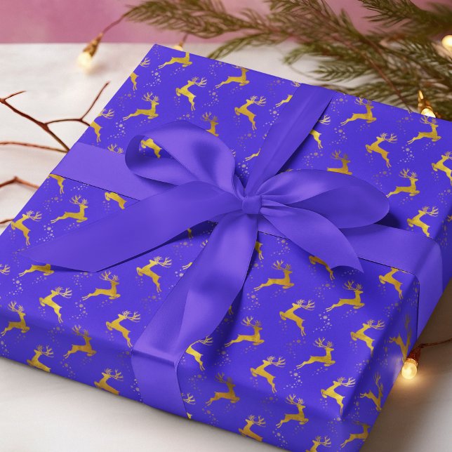 Papel De Regalo Elegante Navidad azul de reno dorado (Subido por el creador)