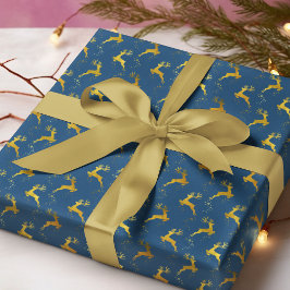 Papel De Regalo Elegante Navidad azul de reno dorado