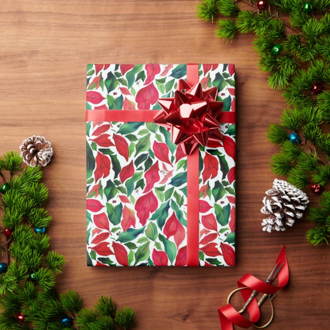 Papel De Regalo Elegante Navidad De Hojas Rojas Y Verdes (Regalo de vacaciones)