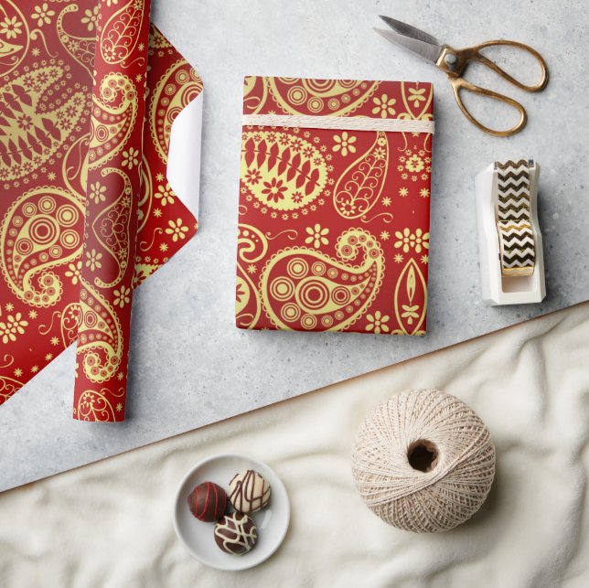 Papel De Regalo Elegante Navidad del Patrón Red Gold Paisley (Artesanía)