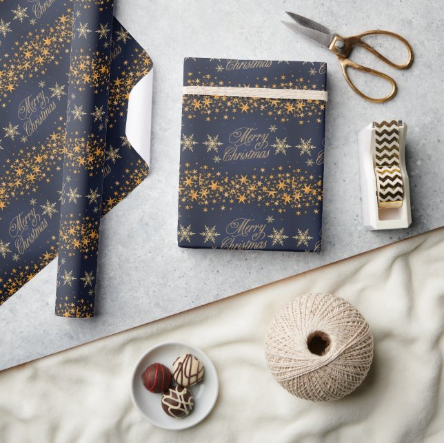 Papel De Regalo Elegante Navidad festiva azul y dorada (Artesanía)