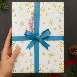 Papel De Regalo Elegante Navidad festiva blanca y dorada