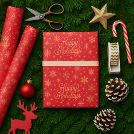 Papel De Regalo Elegante Navidad Festividad Roja y Feliz de Oro