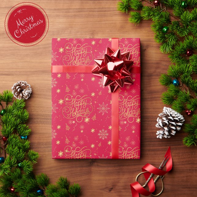 Papel De Regalo Elegante Navidad Festividad Roja y Feliz de Oro (Subido por el creador)