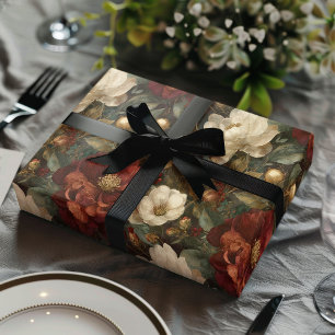 Papel De Regalo Elegante Navidad Floral Invernal Roja y Crema