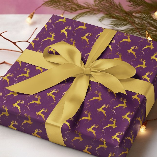 Papel De Regalo Elegante Navidad morado de renos dorados (Subido por el creador)