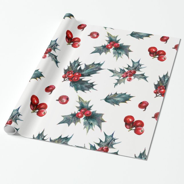Papel De Regalo Elegante Navidades de feriado Holly Berry Rústico (Desenrollado)