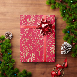 Papel De Regalo Elegante Navidades del Patrón Red Gold Leaf de luj