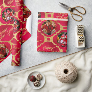 Papel De Regalo Elegante Navidades Rojos y Oro Patrón Dos Foto