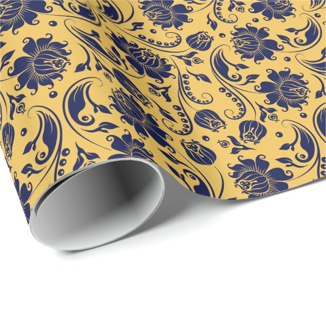 Papel De Regalo Elegante Navy Blue Floral Damask fondo amarillo (Esquina del rollo)